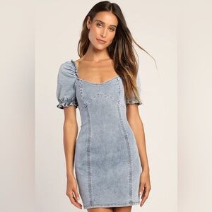 NWT Lulus Sweet Looking Light Wash Denim Puff Sleeve Mini Dress Size S